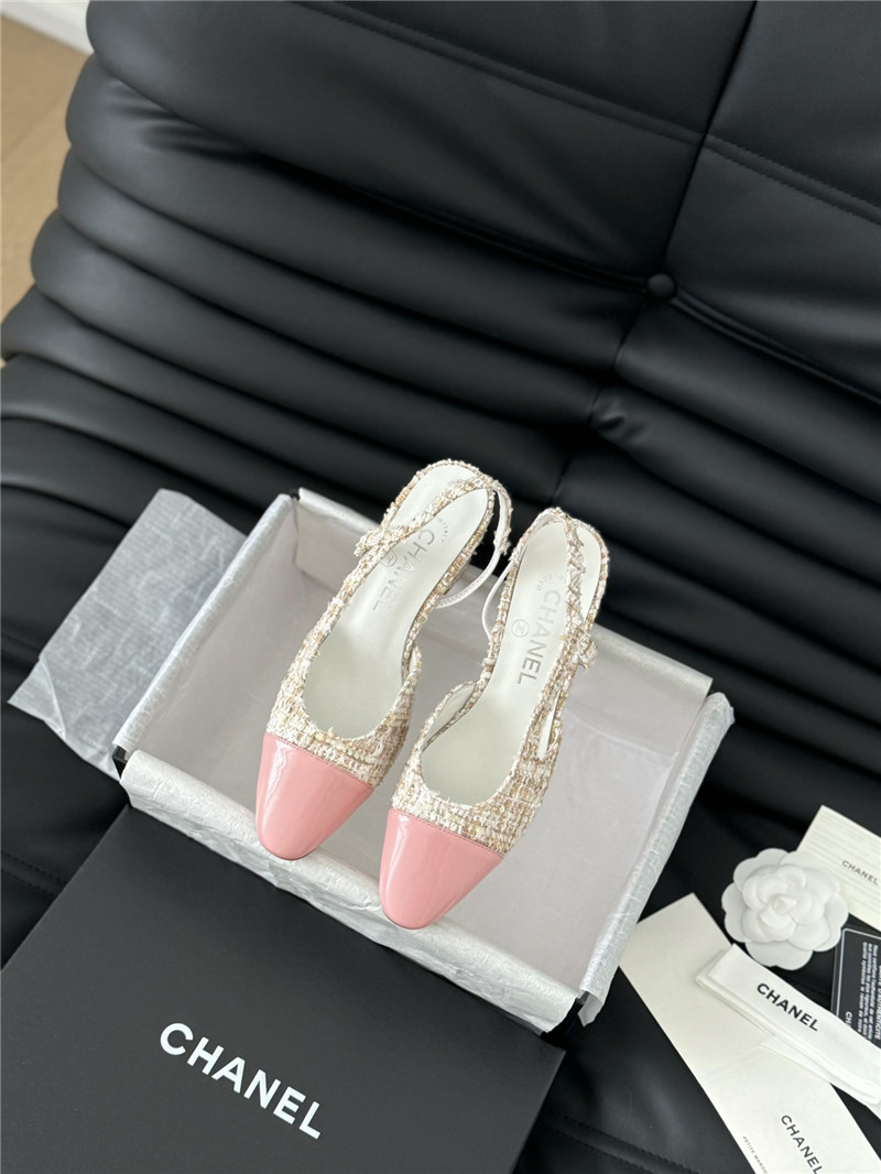 Ch**el tweed pink lambskin cap toe slingback pumps