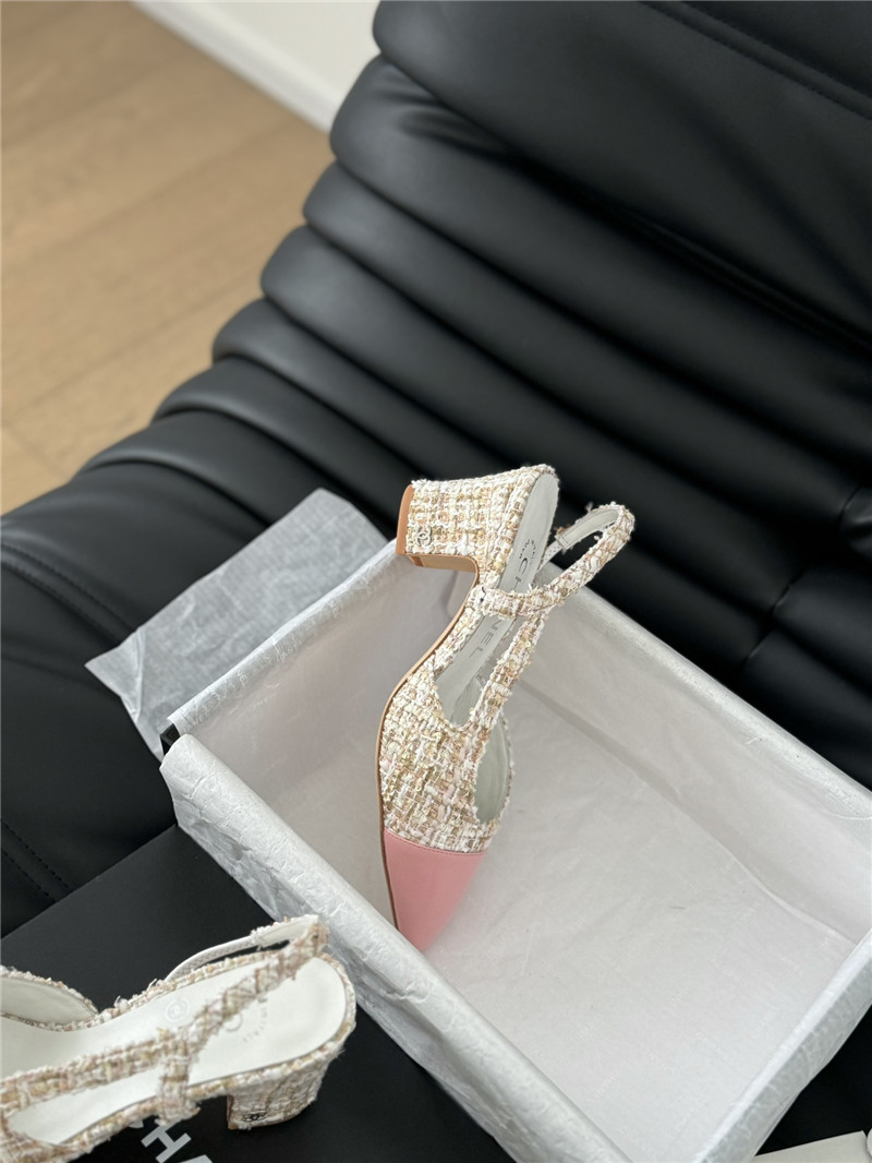 Ch**el tweed pink lambskin cap toe slingback pumps