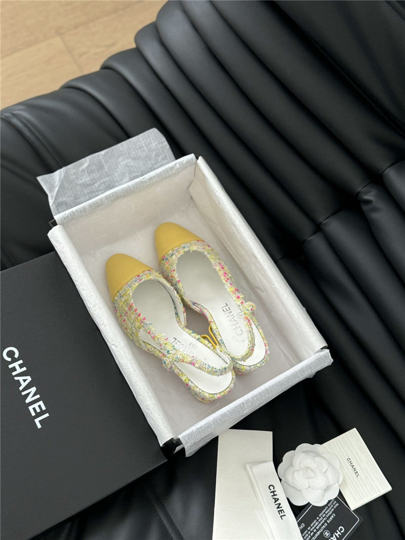 Ch**el tweed yellow lambskin cap toe slingback pumps