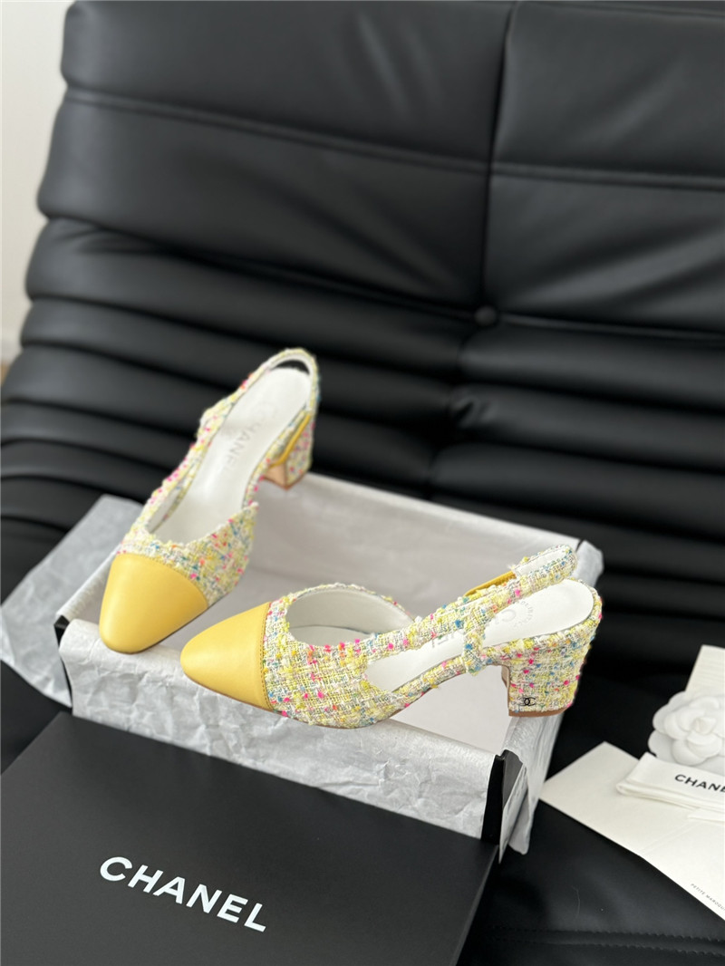 Ch**el tweed yellow lambskin cap toe slingback pumps