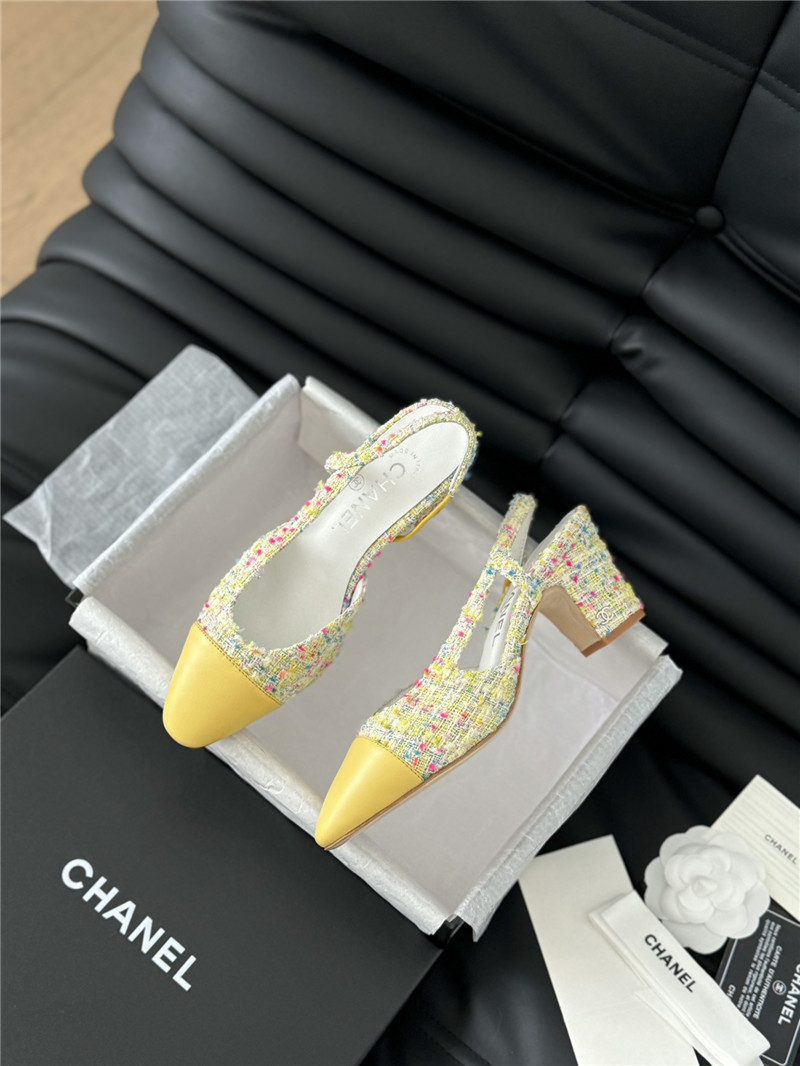 Ch**el tweed yellow lambskin cap toe slingback pumps