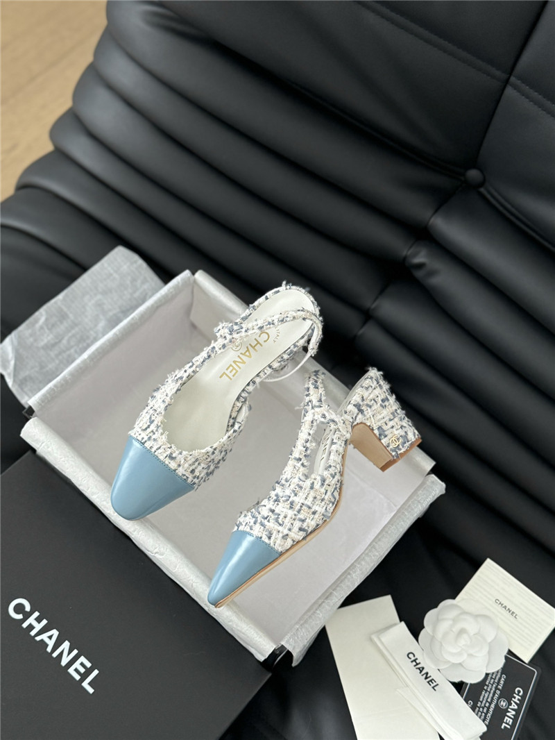 Ch**el tweed lambskin cap toe slingback pumps
