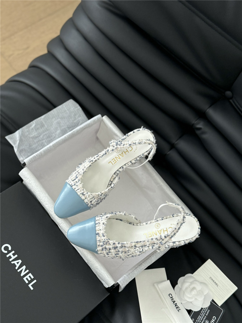 Ch**el tweed lambskin cap toe slingback pumps