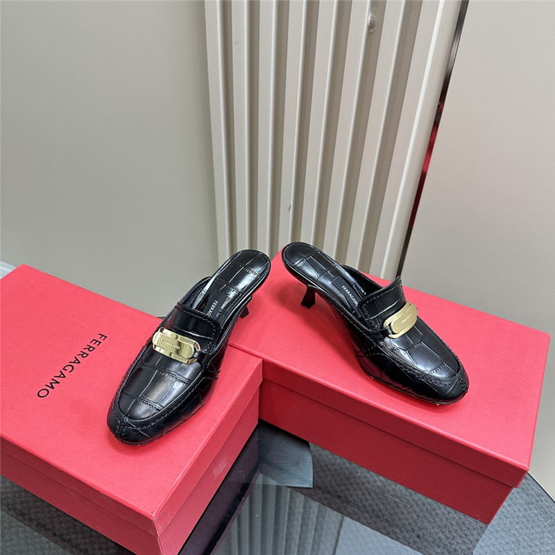 Ferragamo 55mm Crocodile-Effect Leather Mules in Black