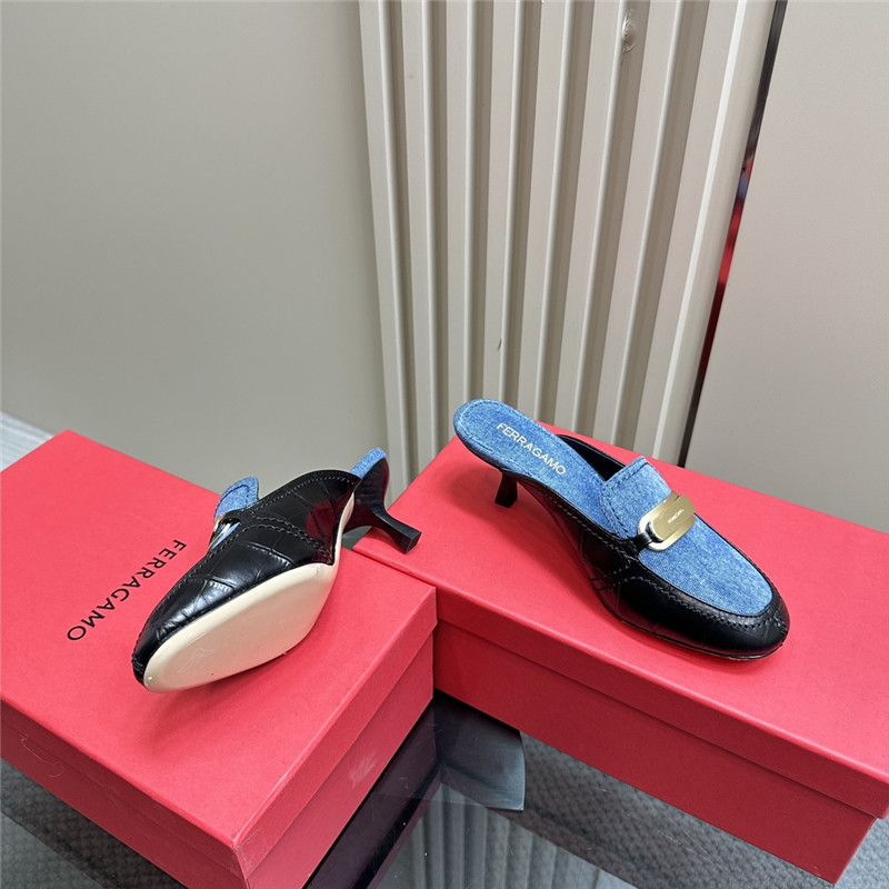 Ferragamo 55mm Crocodile-Effect Leather Mules in Blue