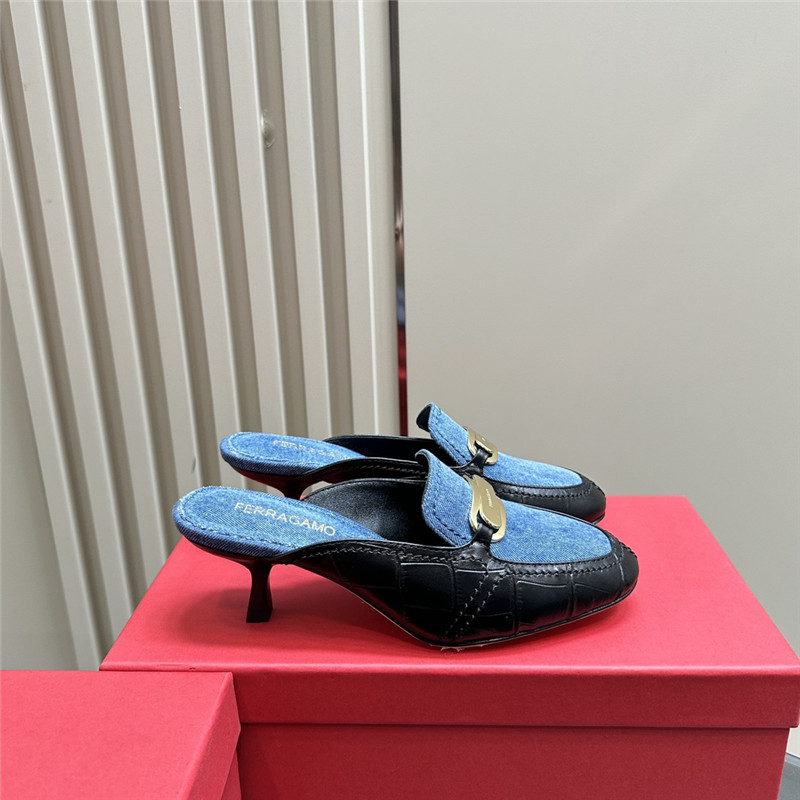Ferragamo 55mm Crocodile-Effect Leather Mules in Blue