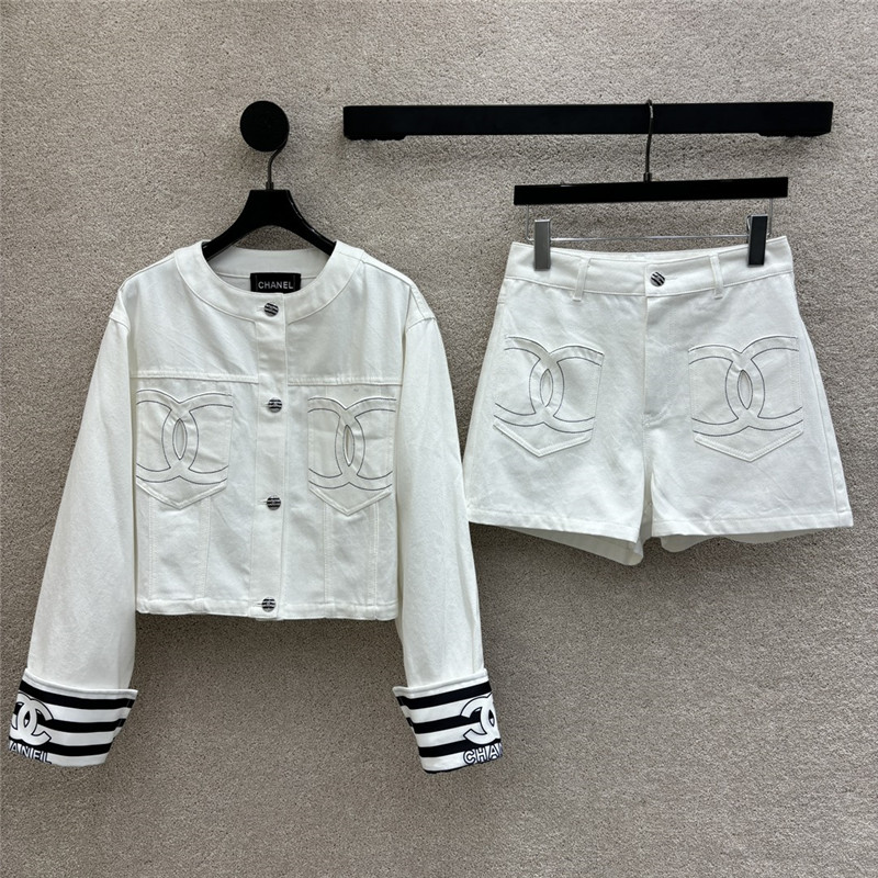 Ch**el round neck denim jacket + denim shorts replica clothes