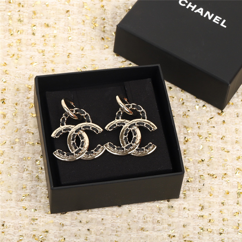 Ch**el leather chain double c earrings