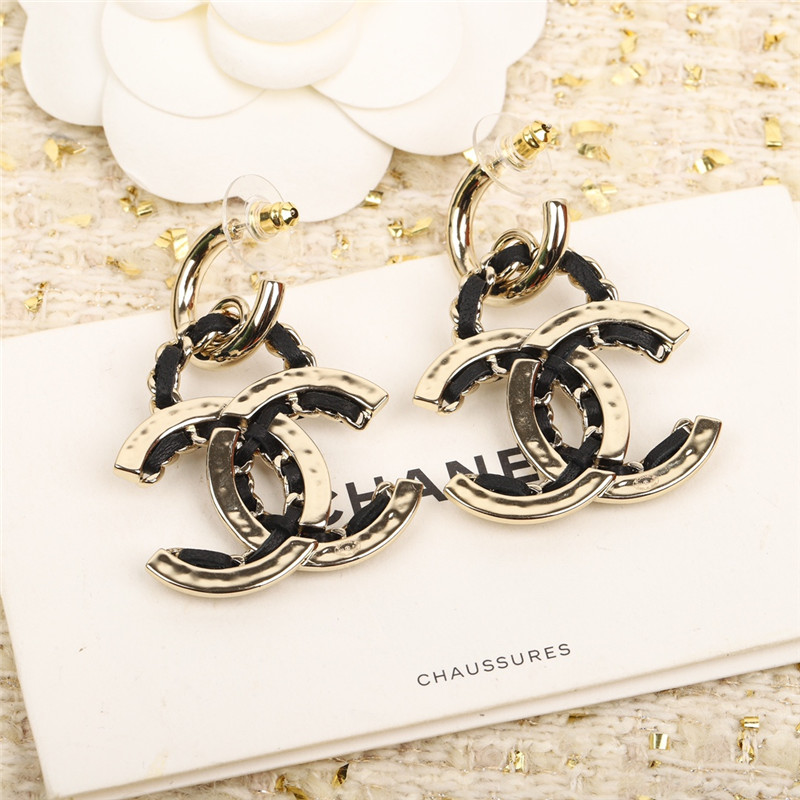 Ch**el leather chain double c earrings