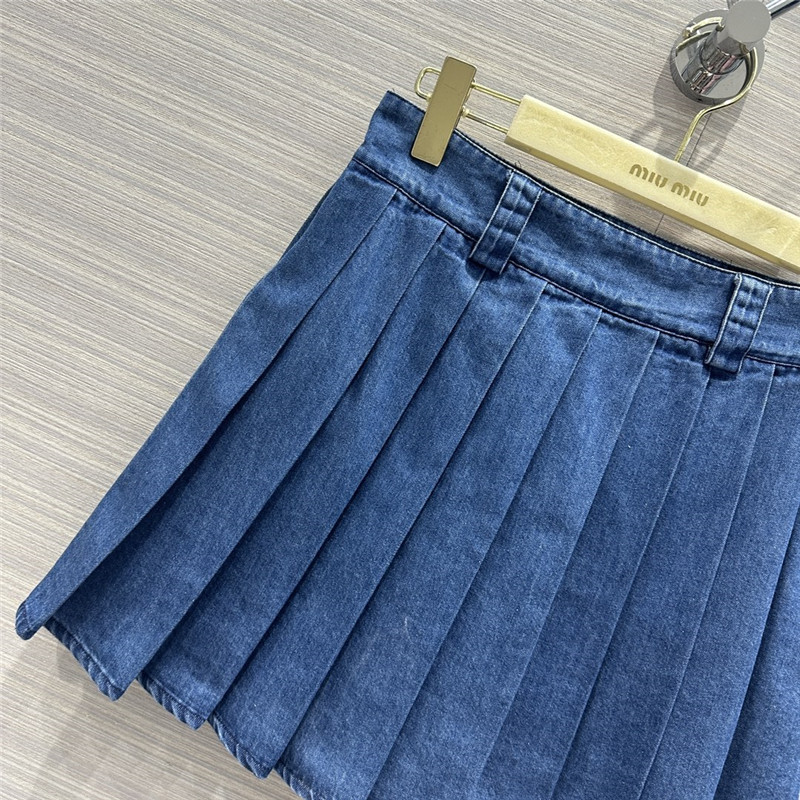 M1um1u soft denim low waist pleated short skirt replica clothes