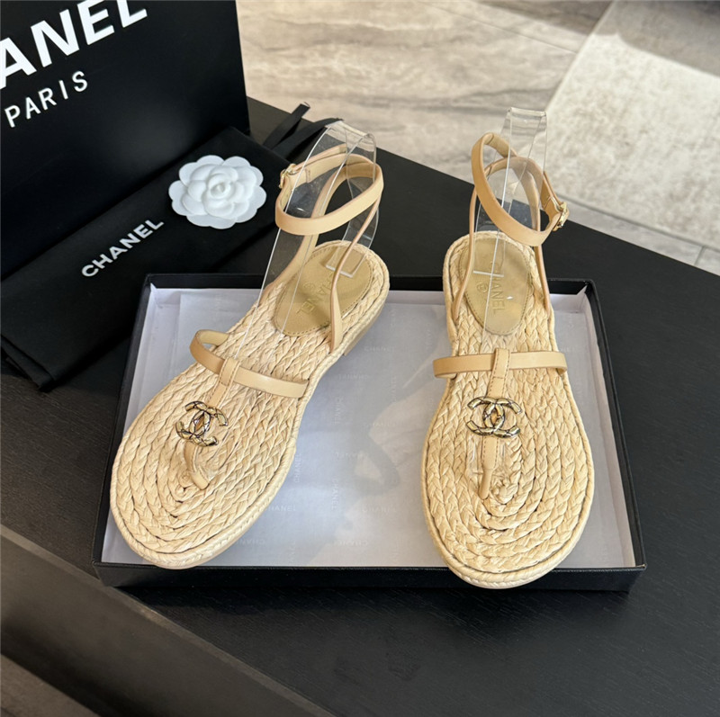 Ch**el logo t-strap raffia sandals in beige
