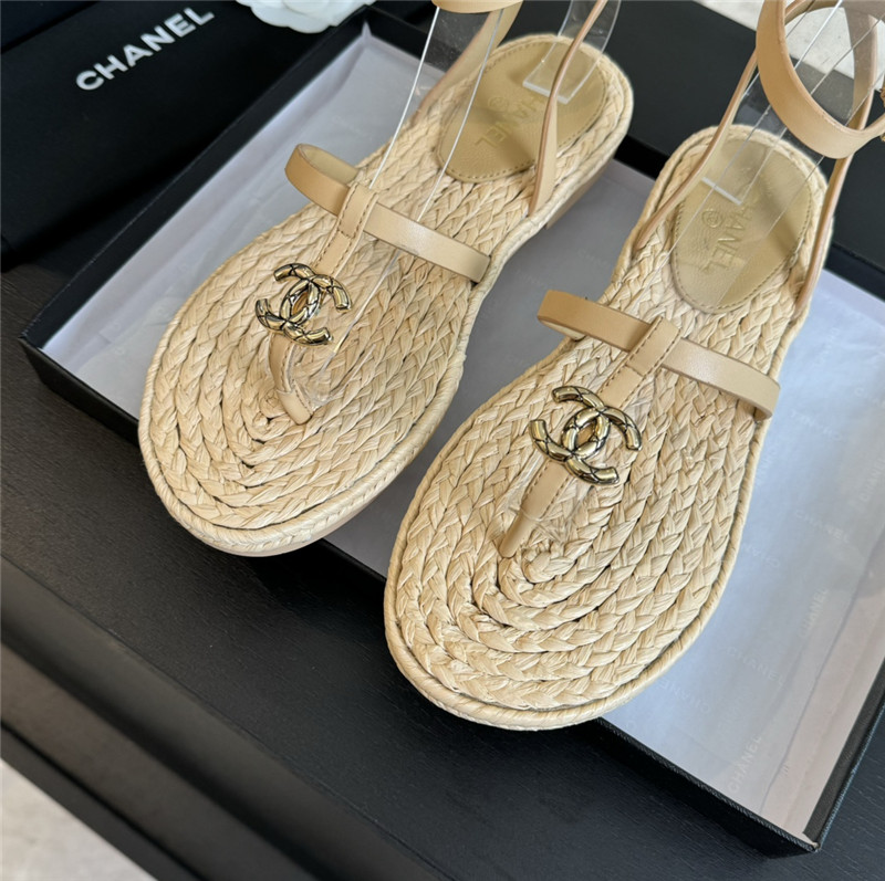 Ch**el logo t-strap raffia sandals in beige