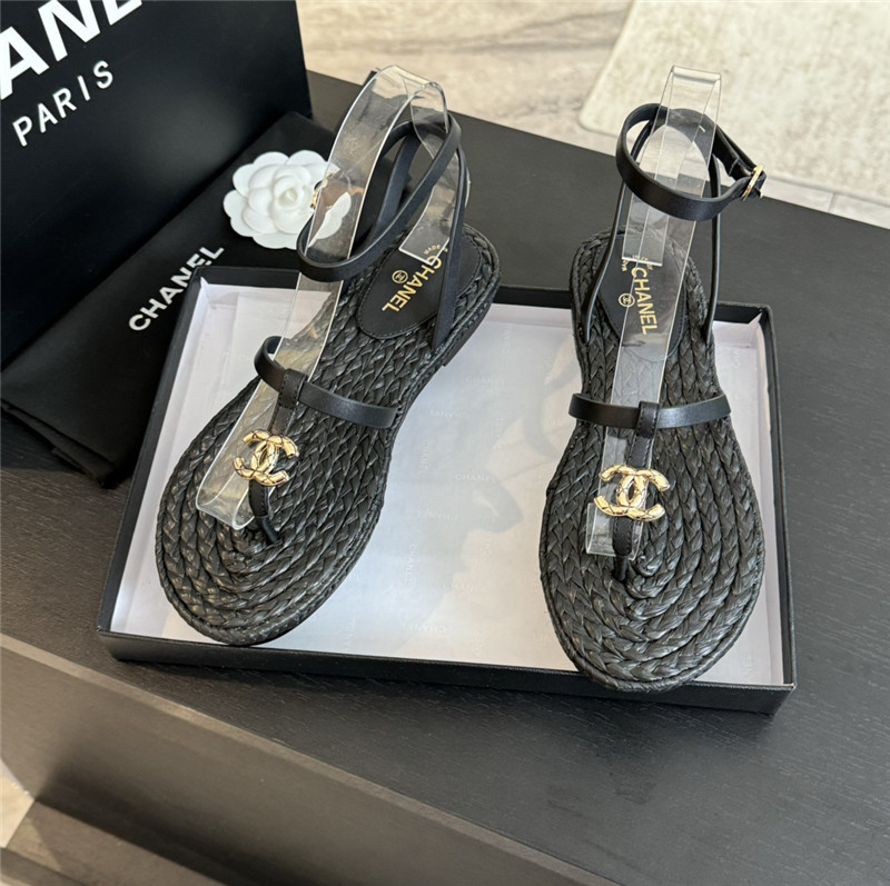 Ch**el logo t-strap raffia sandals in black