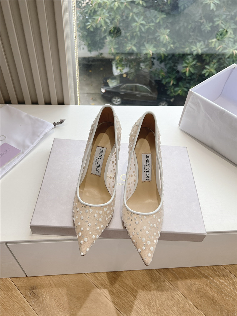 J1m*y Ch00 white mesh pumps with dégradé crystals