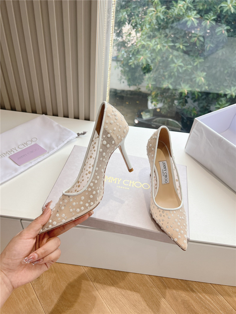 J1m*y Ch00 white mesh pumps with dégradé crystals