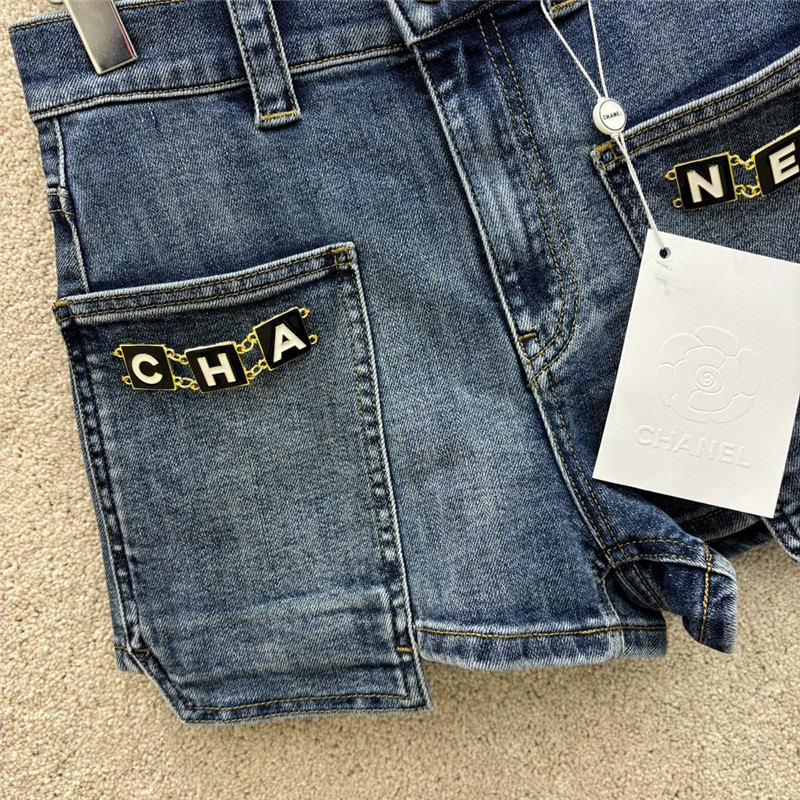 Ch**el chain embellished denim shorts replica clothes