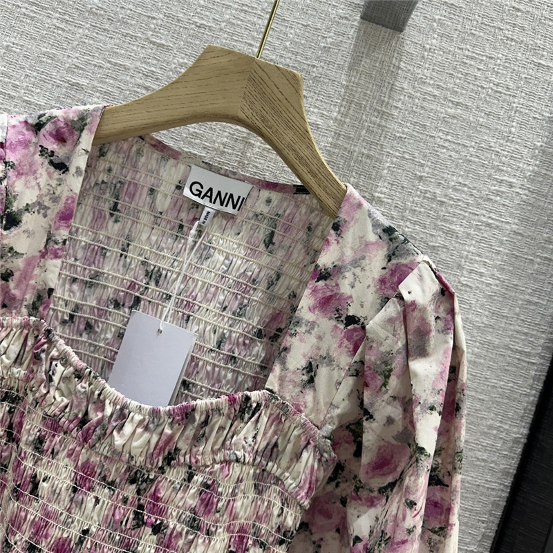 Ganni pink floral print puff sleeve dress replica clothes