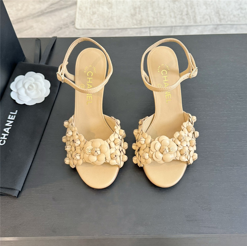 Ch**el camellia strap high heel sandals beige