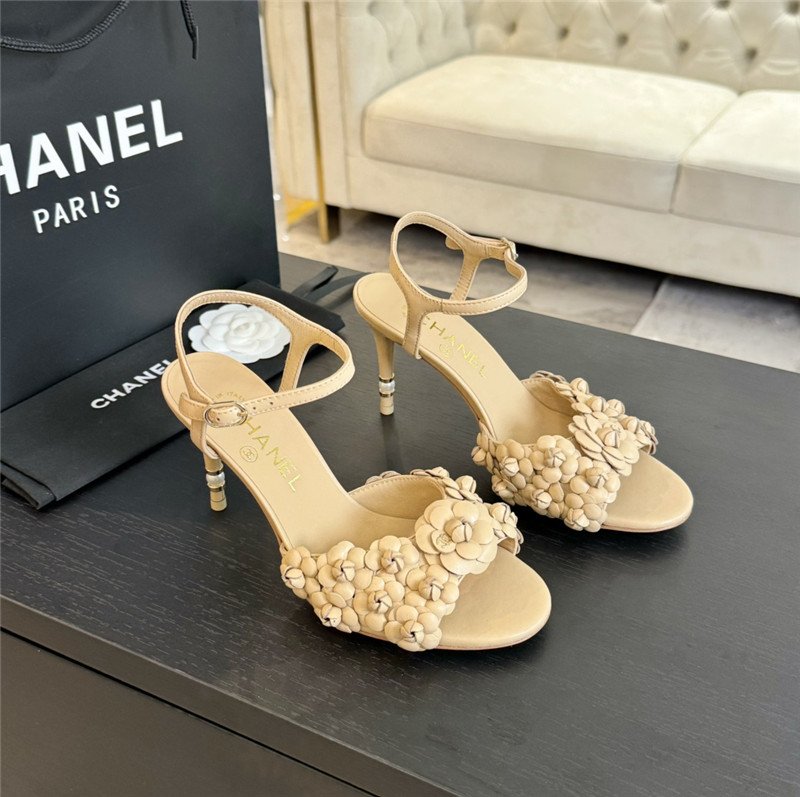 Ch**el camellia strap high heel sandals beige