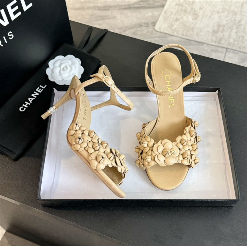 Ch**el camellia strap high heel sandals beige
