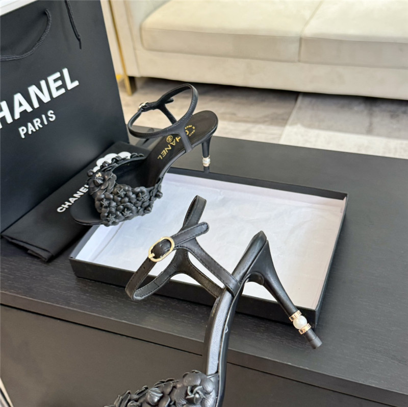 Ch**el camellia strap high heel sandals black