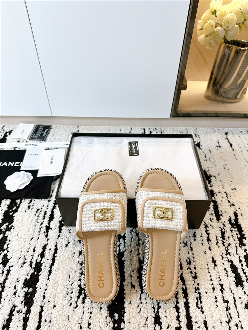 Ch**el tweed beige calfskin slippers