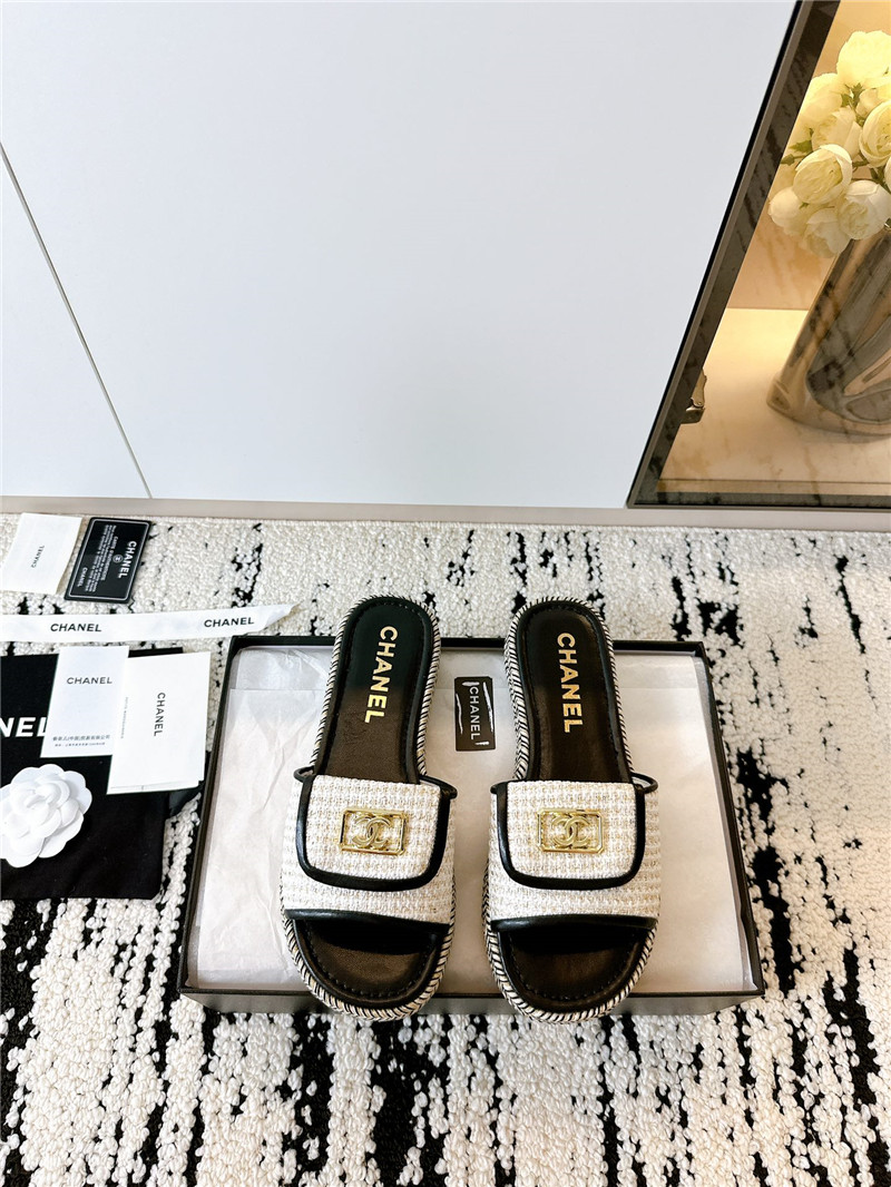 Ch**el tweed black calfskin slippers