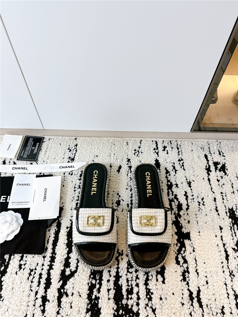 Ch**el tweed black calfskin slippers