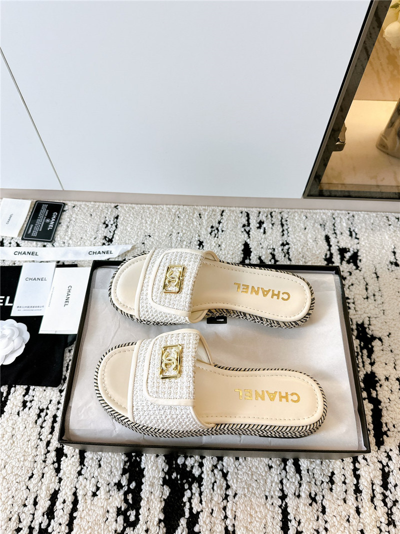 Ch**el tweed white calfskin slippers