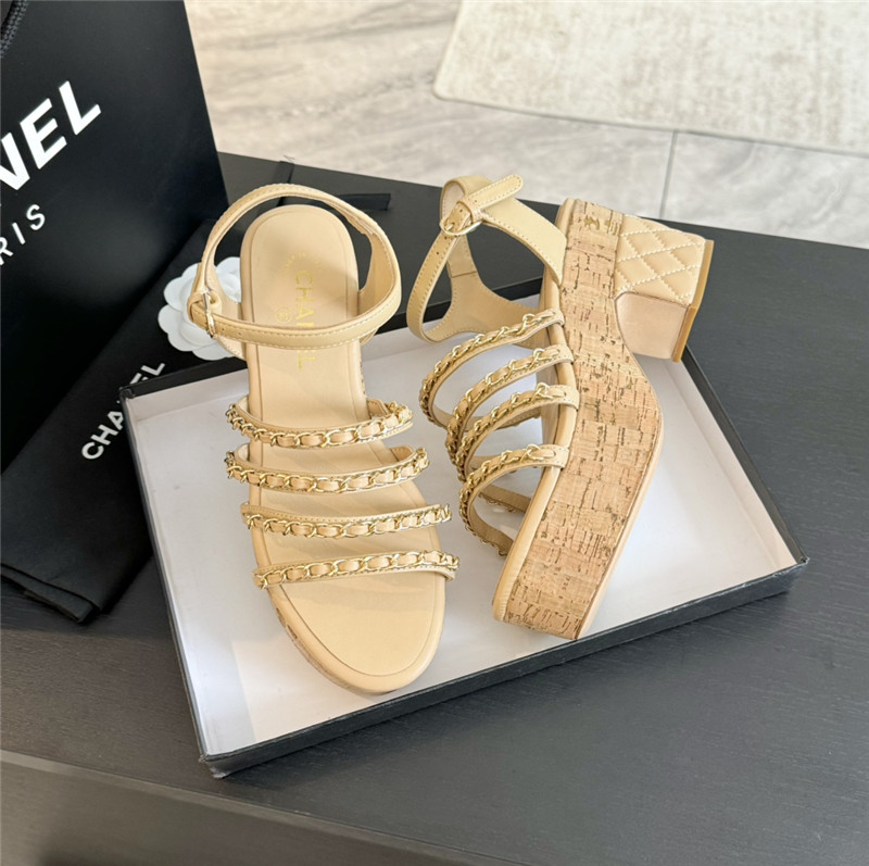 Ch**el leather chain platform sandals beige