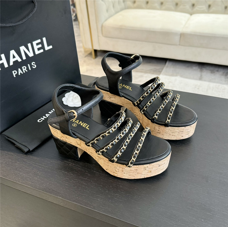 Ch**el leather chain platform sandals black