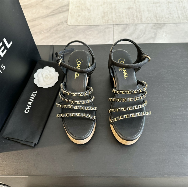 Ch**el leather chain platform sandals black