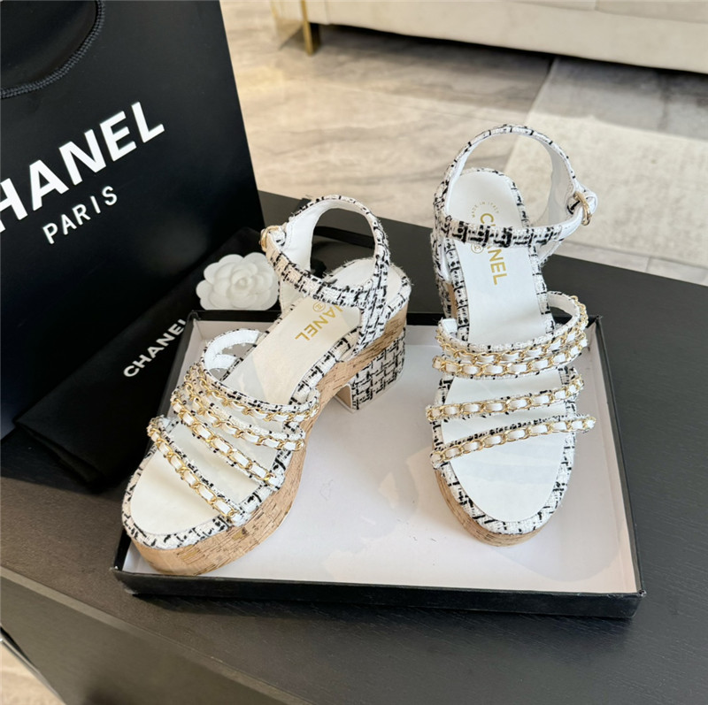 Ch**el tweed chain platform sandals