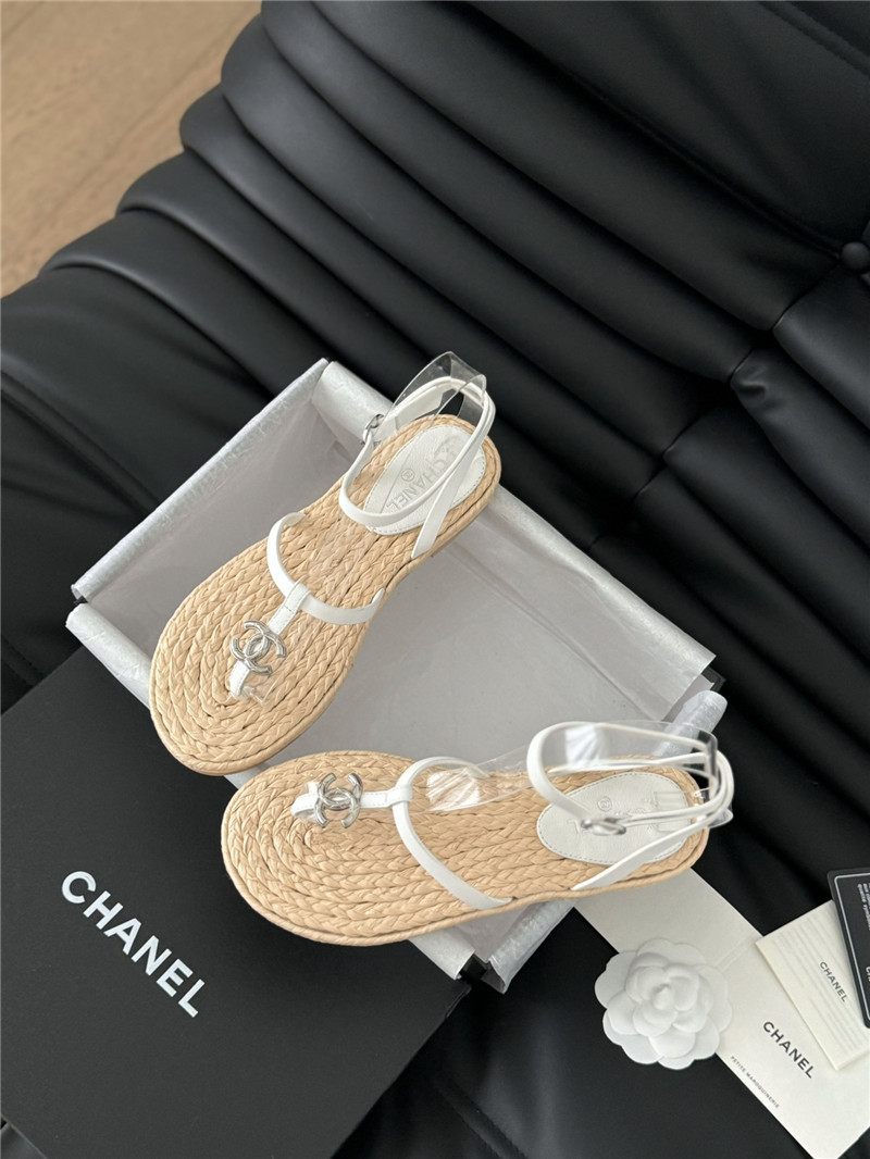 Ch**el beige calfskin raffia slingback sandals