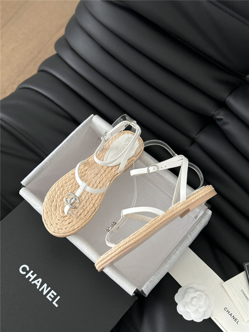 Ch**el beige calfskin raffia slingback sandals