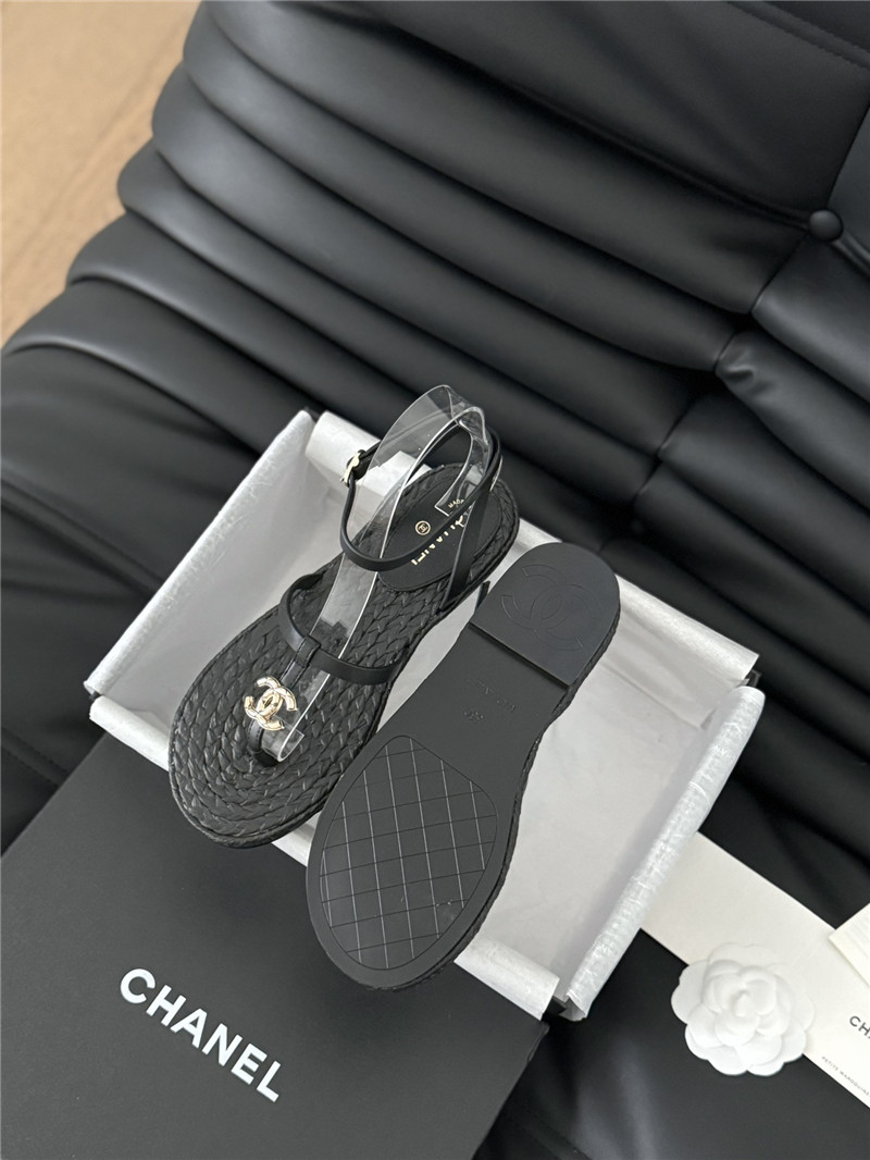Ch**el black calfskin raffia slingback sandals