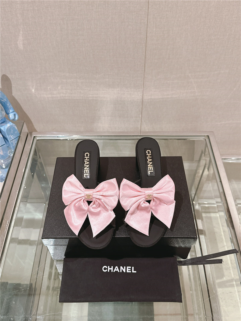 Ch**el chunky heel silk bow leather sandals in pink