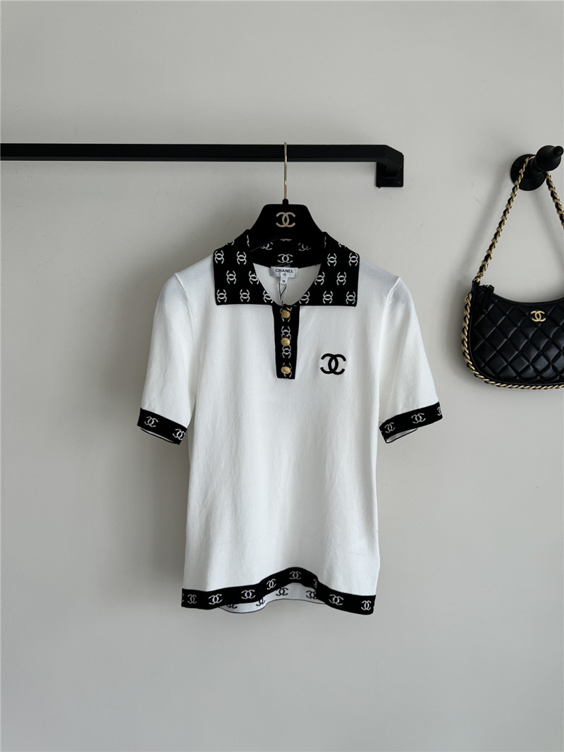 Ch**el contrast color lapel knitted short sleeves replica clothes