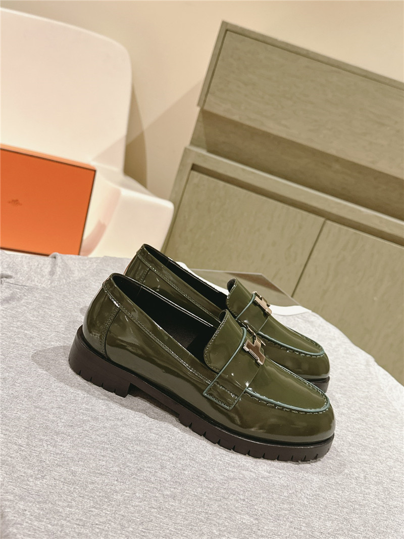H**me5 green patent leather h buckle loafers for women