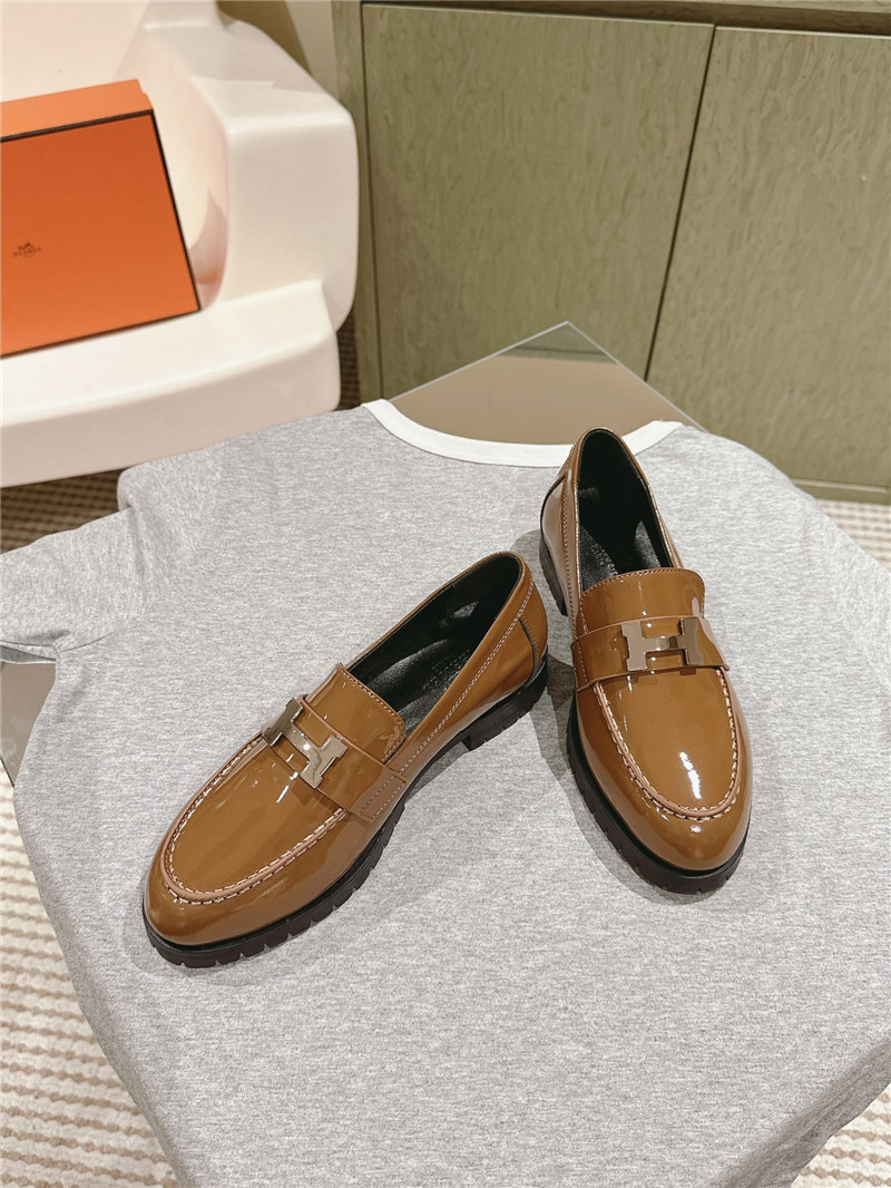 H**me5 beige patent leather h buckle loafers for women