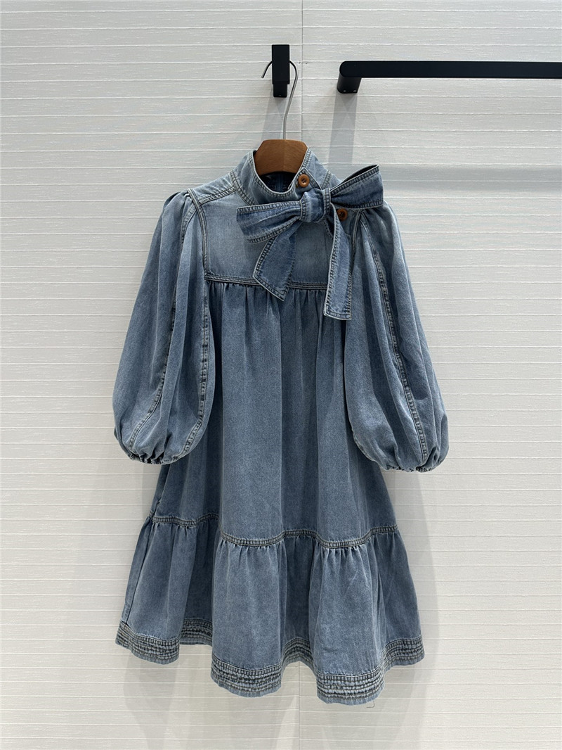 zimm tie bow stand collar denim dress replica designer clothes