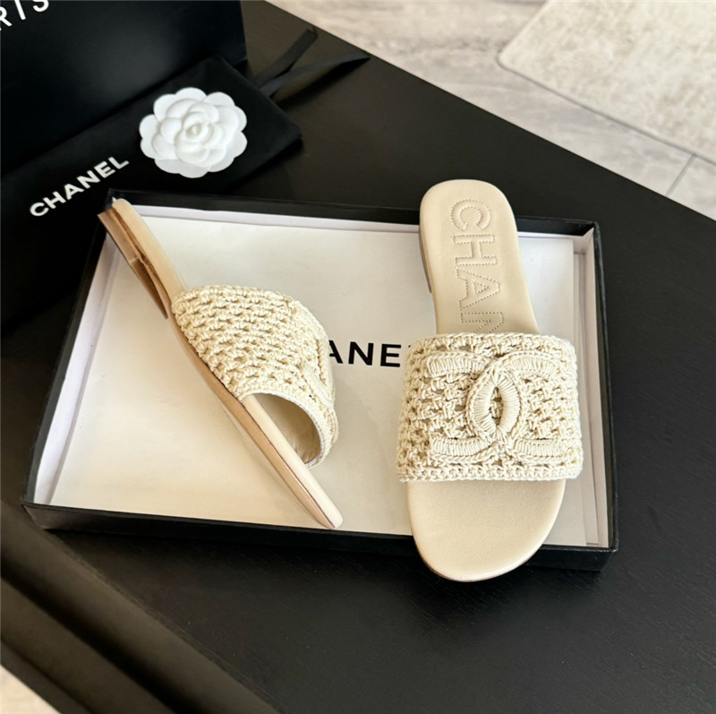 Ch**el logo beige tweed leather flat slides