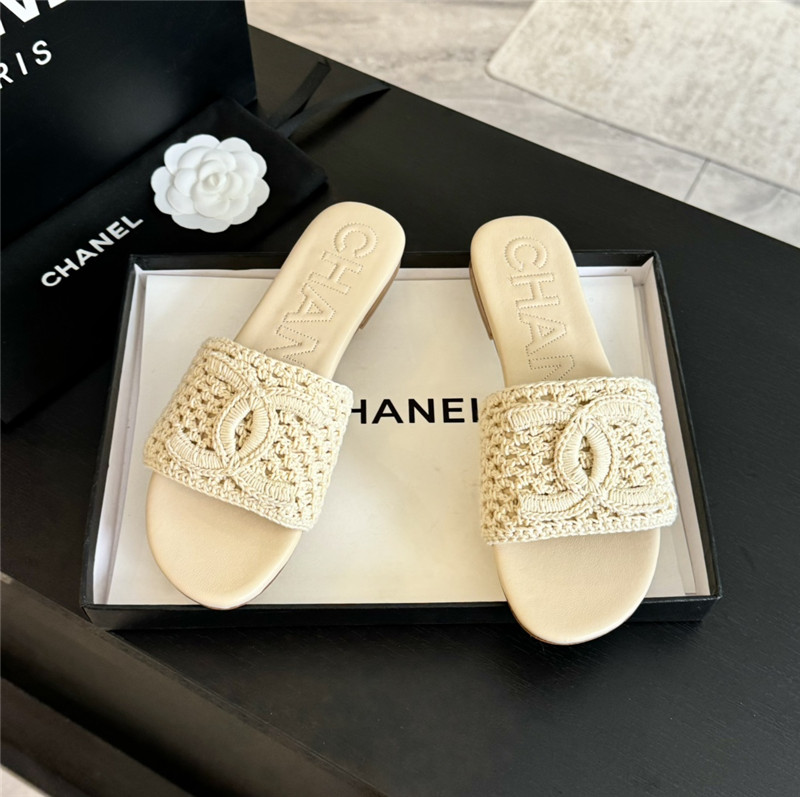 Ch**el logo beige tweed leather flat slides