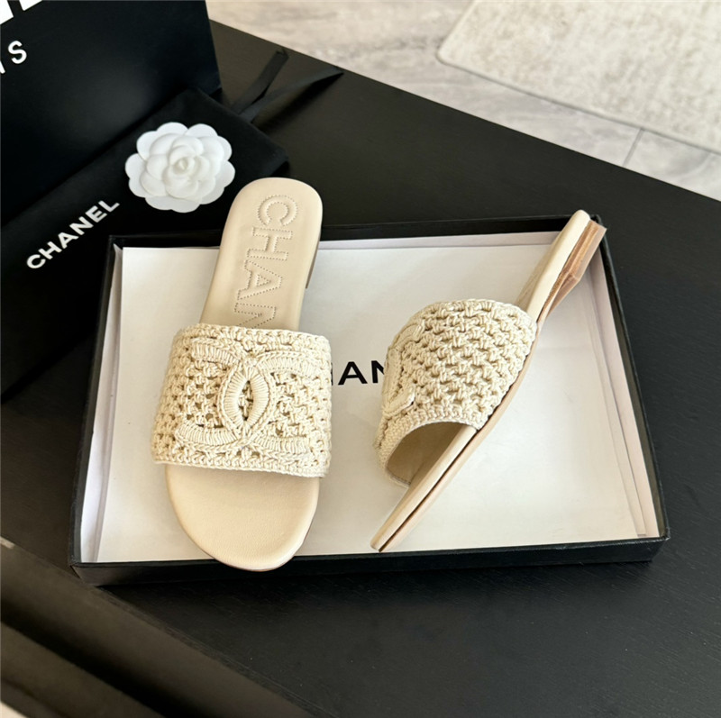Ch**el logo beige tweed leather flat slides
