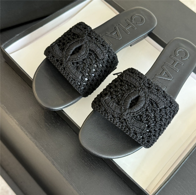 Ch**el logo black tweed leather flat slides
