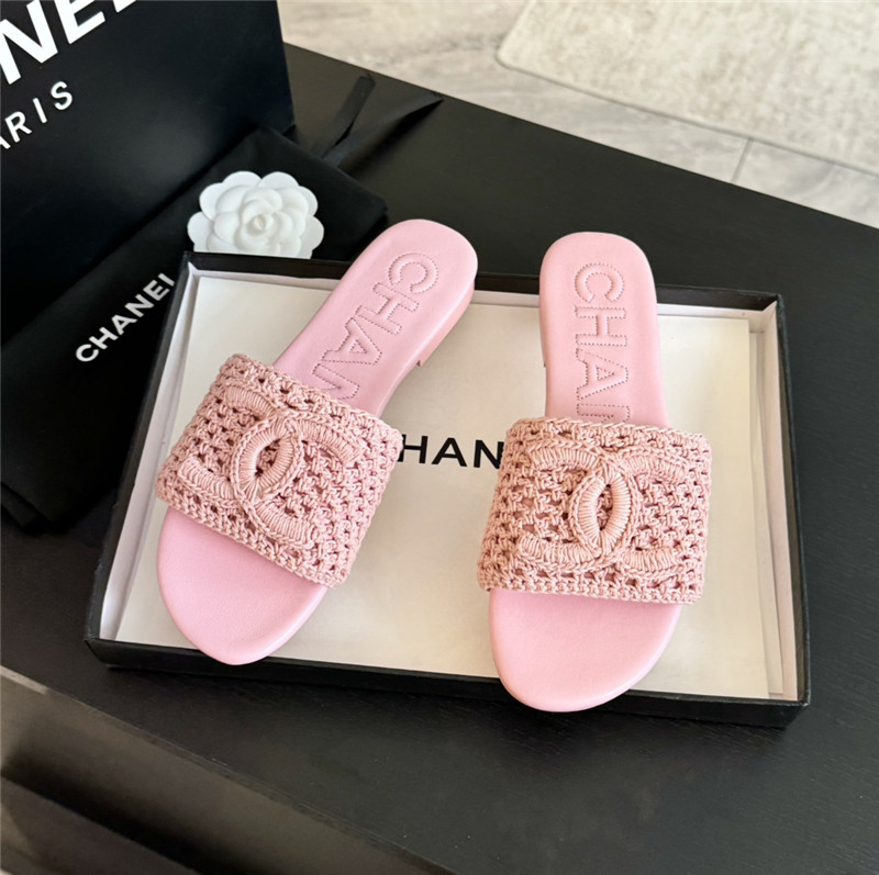 Ch**el logo pink tweed leather flat slides