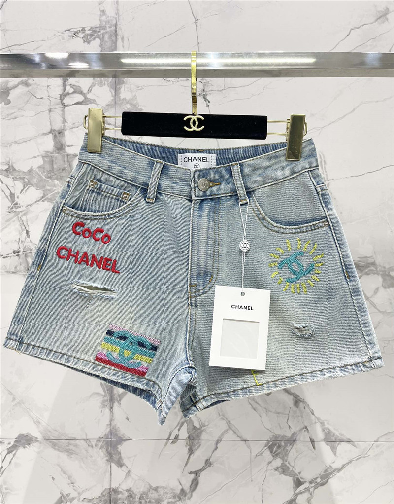 Ch**el two-tone embroidered ripped denim shorts replica clothes