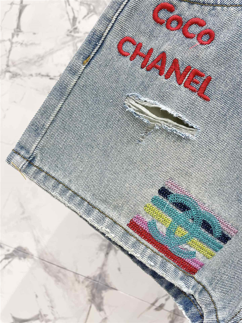 Ch**el two-tone embroidered ripped denim shorts replica clothes
