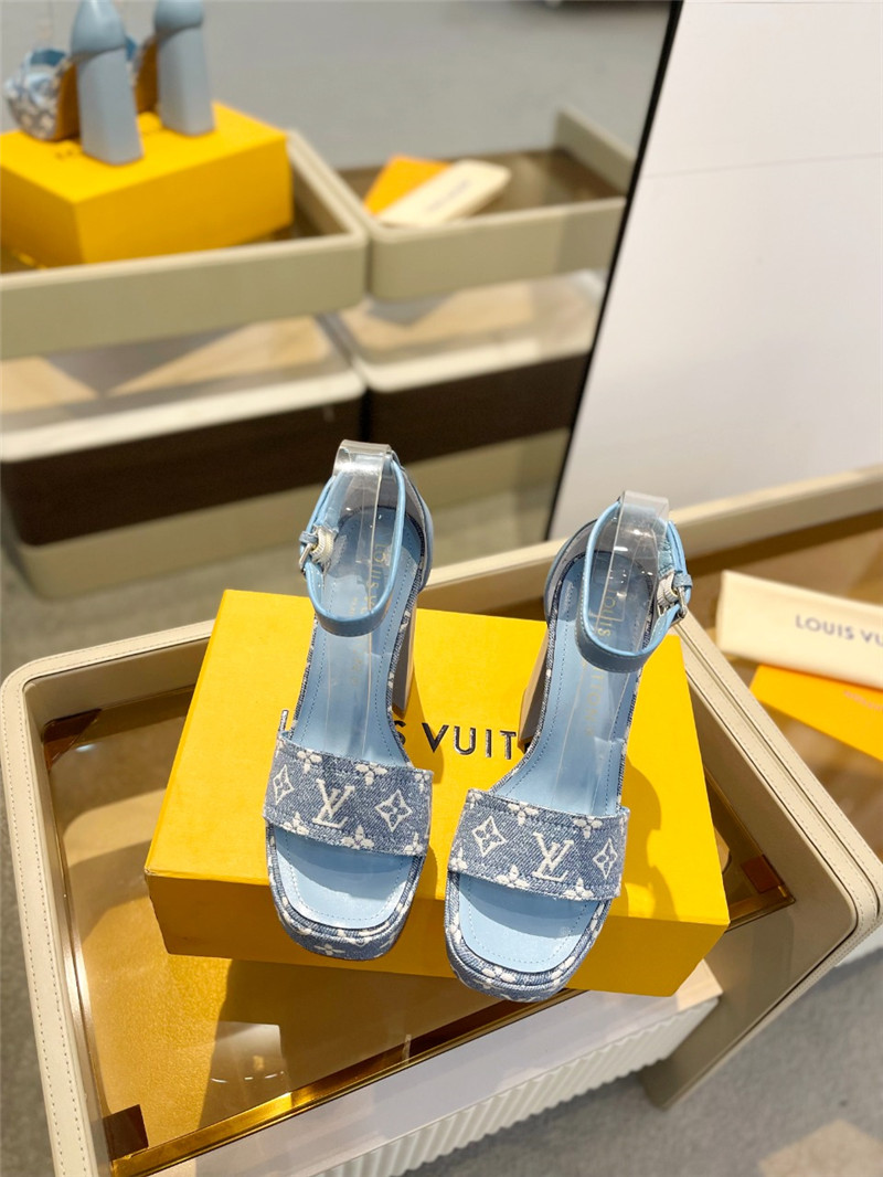 l0vis Vvtt0n monogram jacquard denim platform sandals beige