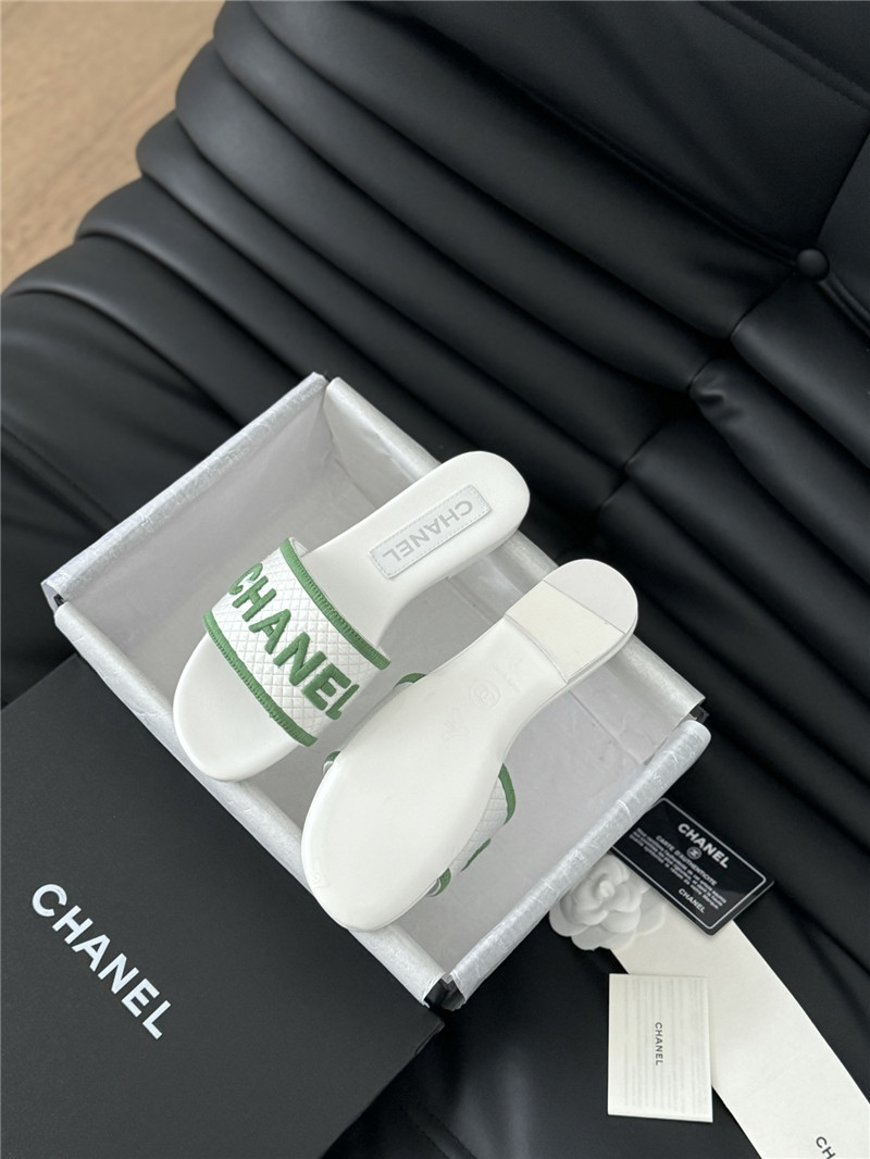 Ch**el woven embroidered logo letter slippers white green